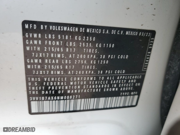 2022 Volkswagen Tiguan S with VIN 3VV1B7AX6NM088271, listed as a Copart auction lot 85141414 with 28,097 mi miles and Salvage Title. Bid and sale history available at carsss.com. Image 13.