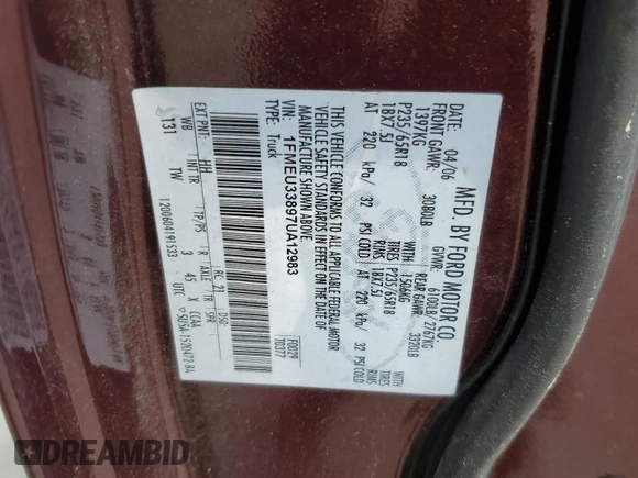 2007 Ford Explorer Sport Trac Limited с VIN 1FMEU33897UA12983, выставлен на аукционе Copart как лот 54707045 с пробегом 270 420 миль миль и Списание • Salvage title. История ставок и продаж доступна на DreamBid. Изображение 12.