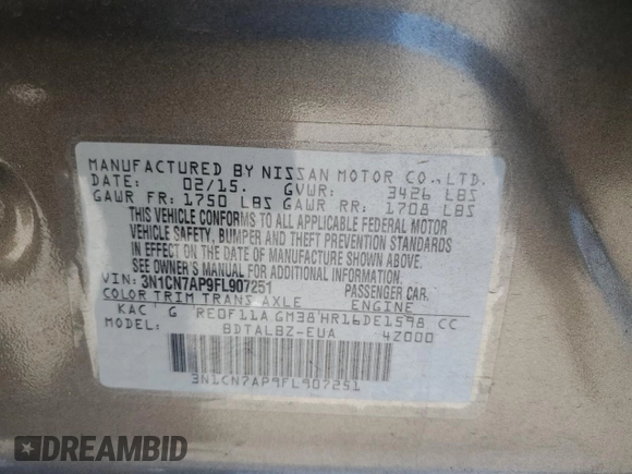 2015 Nissan Versa SV with VIN 3N1CN7AP9FL907251, listed as a Copart auction lot 63262995 with 162,396 mi miles and Clean title. Bid and sale history available at DreamBid. Image 12.