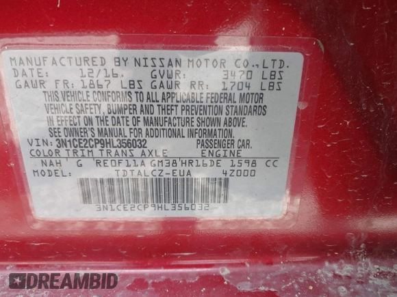 2017 Nissan Note S Plus with VIN 3N1CE2CP9HL356032, listed as a IAAI auction lot 42203894 with 79,806 mi miles and . Bid and sale history available at DreamBid. Image 9.