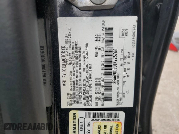 2018 Ford Fusion Titanium with VIN 3FA6P0D90JR225766, listed as a Copart auction lot 59399825 with 147,979 mi miles and Salvage title. Bid and sale history available at DreamBid. Image 13.