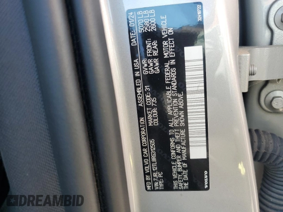 2024 Volvo S60 Plus Dark Theme с VIN 7JRL12TL8RG312505, выставлен на аукционе Copart как лот 56208855 с пробегом 9 755 миль миль и Списание • Salvage title. История ставок и продаж доступна на DreamBid. Изображение 13.