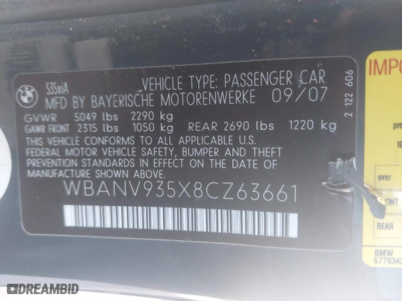 2008 BMW 5 Series 535xi with VIN WBANV935X8CZ63661, listed as a IAAI auction lot 41698806 with 156,212 mi miles. Bid and sale history available at carsss.com. Image 9.