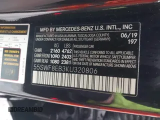 2019 Mercedes-Benz C with VIN 55SWF8EB3KU320806, listed as a IAAI auction lot 41983005 with 61,262 mi miles. Bid and sale history available at carsss.com. Image 9.