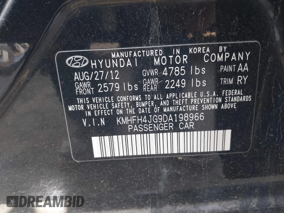 2013 Hyundai Azera with VIN KMHFH4JG9DA198966, listed as a IAAI auction lot 42232410 with 177,041 mi miles and . Bid and sale history available at DreamBid. Image 9.
