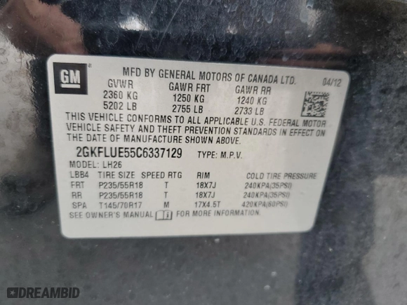 2012 GMC Terrain SLT-1 with VIN 2GKFLUE55C6337129, listed as a Copart auction lot 85754564 with 197,161 mi miles and Salvage Title. Bid and sale history available at carsss.com. Image 13.
