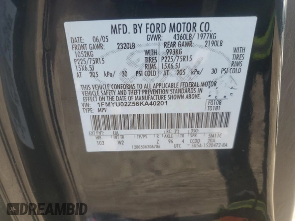 2006 Ford Escape XLS with VIN 1FMYU02Z56KA40201, listed as a Copart auction lot 82932994 with 178,430 mi miles and Salvage Title. Bid and sale history available at carsss.com. Image 13.