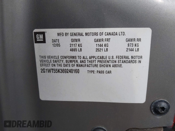 2006 Chevrolet Impala LT 3.5L with VIN 2G1WT55K369240160, listed as a IAAI auction lot 42011525 with 83,582 mi miles and . Bid and sale history available at DreamBid. Image 9.