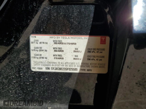 2016 Tesla Model X 70D with VIN 5YJXCBE22GF025585, listed as a Copart auction lot 52363755 with 141,607 mi miles and Salvage Title. Bid and sale history available at DreamBid. Image 15.