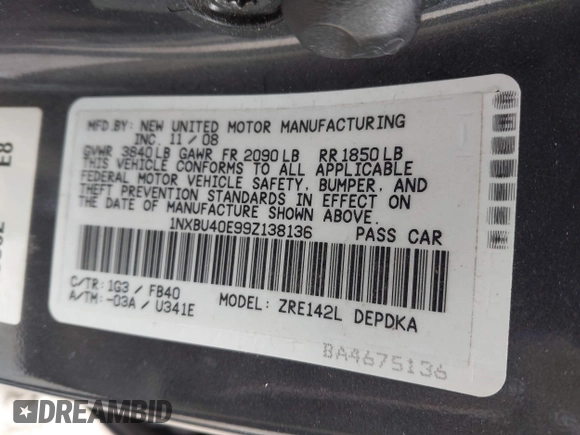 2009 Toyota Corolla with VIN 1NXBU40E99Z138136, listed as a IAAI auction lot 41967052 with 207,892 mi miles. Bid and sale history available at carsss.com. Image 9.