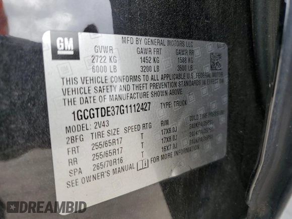 2016 Chevrolet Colorado 4WD Z71 z VIN 1GCGTDE37G1112427, wystawiony jako Copart lot #70180404 z przebiegiem Nie podano mil oraz Szkoda całkowita • Salvage title. Historia ofert i sprzedaży dostępna na DreamBid. Obrazek 15.