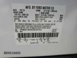 2018 Ford Explorer z VIN 1FM5K7BH0JGC96332, wystawiony jako Copart lot #54105775 z przebiegiem 92 873 mil mil oraz Szkoda całkowita • Salvage title. Historia ofert i sprzedaży dostępna na DreamBid. Obrazek 13.