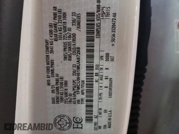 2021 Ford Escape SEL z VIN 1FMCU9H61MUA87268, wystawiony jako Copart lot #60645795 z przebiegiem 47 219 mil mil oraz Szkoda całkowita • Salvage title. Historia ofert i sprzedaży dostępna na DreamBid. Obrazek 13.
