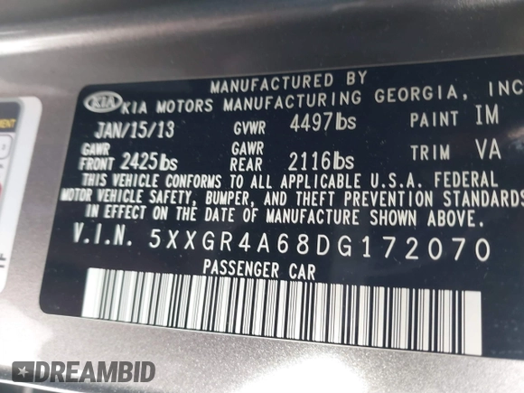 2013 Kia Optima SX with VIN 5XXGR4A68DG172070, listed as a IAAI auction lot 40820289 with 147,124 mi miles and . Bid and sale history available at DreamBid. Image 9.