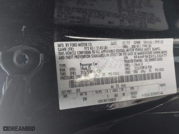 2012 Ford Focus SE with VIN 1FAHP3K2XCL332177, listed as a IAAI auction lot 41724839 with 178,779 mi miles. Bid and sale history available at carsss.com. Image 9.