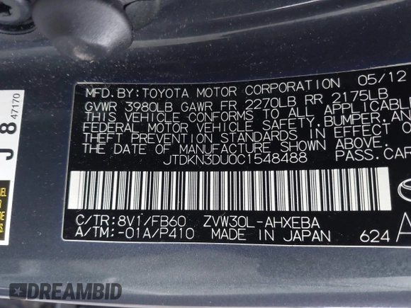 2012 Toyota Prius One with VIN JTDKN3DU0C1548488, listed as a IAAI auction lot 42132759 with 151,122 mi miles and . Bid and sale history available at DreamBid. Image 9.