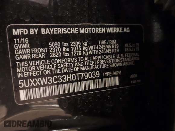 2017 BMW X4 xDrive28i with VIN 5UXXW3C33H0T79039, listed as a IAAI auction lot 41858428 with 75,793 mi miles and . Bid and sale history available at DreamBid. Image 9.