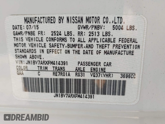 2015 Infiniti Q50 Premium with VIN JN1BV7ARXFM414391, listed as a IAAI auction lot 42245462 with 216,495 mi miles and . Bid and sale history available at DreamBid. Image 9.