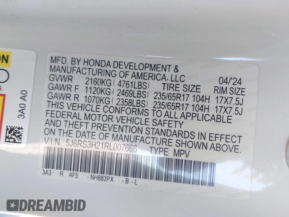 2024 Honda CR-V LX with VIN 5J6RS3H21RL007666, listed as a IAAI auction lot 40944721 with 6,823 mi miles and . Bid and sale history available at DreamBid. Image 9.