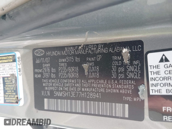 2007 Hyundai Santa Fe SE with VIN 5NMSH13E77H128941, listed as a IAAI auction lot 42641419 with 209,159 mi miles and . Bid and sale history available at DreamBid. Image 9.