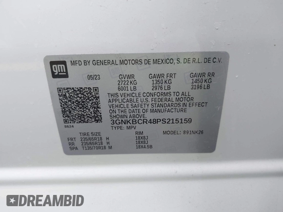 2023 Chevrolet Blazer LT with VIN 3GNKBCR48PS215159, listed as a IAAI auction lot 41397763 with 18,517 mi miles and . Bid and sale history available at DreamBid. Image 9.
