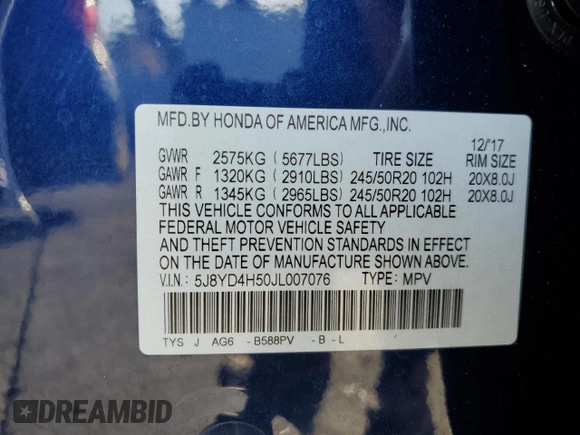 2018 Acura MDX Technology with VIN 5J8YD4H50JL007076, listed as a Copart auction lot 60332535 with 37,540 mi miles and Salvage title. Bid and sale history available at DreamBid. Image 13.