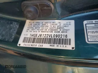 1997 Honda Civic DX with VIN 1HGEJ6122VL090216, listed as a Copart auction lot 42394565 with 181,840 mi miles and Salvage Title. Bid and sale history available at carsss.com. Image 15.