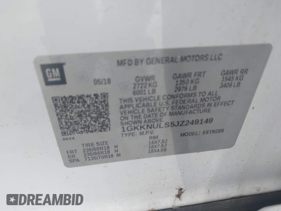 2018 GMC Acadia SLT z VIN 1GKKNULS5JZ249149, wystawiony jako IAAI lot #42453033 z przebiegiem 118 597 mil mil oraz . Historia ofert i sprzedaży dostępna na DreamBid. Obrazek 9.