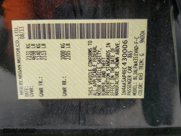 2014 Nissan Maxima 3.5 S with VIN 1N4AA5AP4EC430006, listed as a Copart auction lot 51100775 with 107,216 mi miles and Salvage Title. Bid and sale history available at carsss.com. Image 12.
