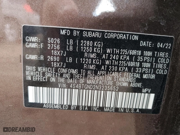 2022 Subaru Outback Limited XT with VIN 4S4BTGND2N3235652, listed as a Copart auction lot 49707475 with 24,278 mi miles and Salvage Title. Bid and sale history available at carsss.com. Image 15.