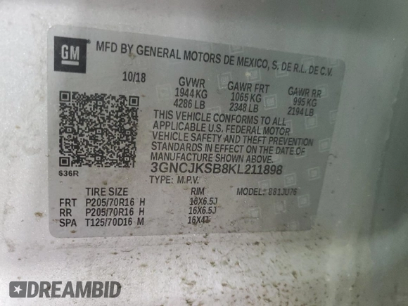 2019 Chevrolet Trax LS with VIN 3GNCJKSB8KL211898, listed as a Copart auction lot 51665835 with 92,005 mi miles and Salvage Title. Bid and sale history available at carsss.com. Image 14.