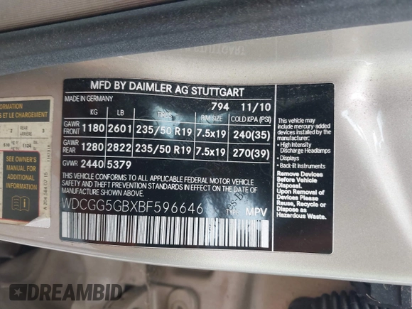 2011 Mercedes-Benz GLK 350 with VIN WDCGG5GBXBF596646, listed as a IAAI auction lot 42247967 with 209,512 mi miles and . Bid and sale history available at DreamBid. Image 9.