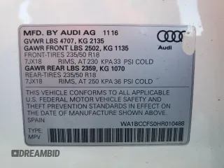 2017 Audi Q3 Premium with VIN WA1BCCFS0HR010488, listed as a Copart auction lot 54062635 with 138,527 mi miles and Clean Title. Bid and sale history available at carsss.com. Image 13.