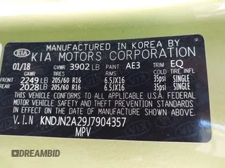 2018 Kia Soul with VIN KNDJN2A29J7904357, listed as a IAAI auction lot 41892857 with 60,378 mi miles. Bid and sale history available at carsss.com. Image 9.