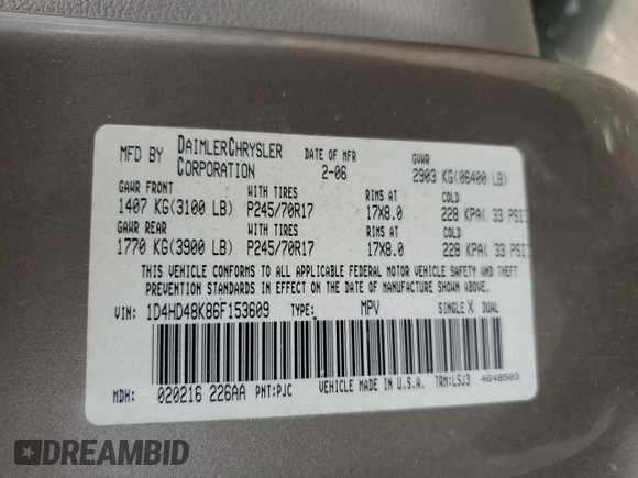 2006 Dodge Durango SLT с VIN 1D4HD48K86F153609, выставлен на аукционе Copart как лот 63700215 с пробегом 196 544 миль миль и Списание • Salvage title. История ставок и продаж доступна на DreamBid. Изображение 13.