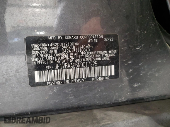2022 Subaru WRX with VIN JF1VBAA66N9017225, listed as a Copart auction lot 88017935 with Not provided miles and Salvage title. Bid and sale history available at DreamBid. Image 12.