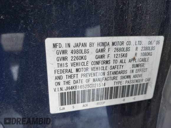 2005 Acura RL with VIN JH4KB16525C021514, listed as a IAAI auction lot 41231221 with Not provided miles and . Bid and sale history available at DreamBid. Image 9.