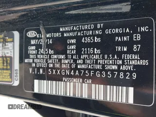 2015 Kia Optima EX with VIN 5XXGN4A75FG357829, listed as a IAAI auction lot 42302163 with 115,277 mi miles and . Bid and sale history available at DreamBid. Image 9.