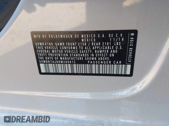 2017 Volkswagen Jetta SE with VIN 3VWDB7AJ9HM286612, listed as a IAAI auction lot 42721128 with 143,458 mi miles and . Bid and sale history available at DreamBid. Image 9.