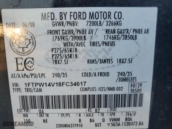 2008 Ford F-150 XLT with VIN 1FTPW14V18FC34617, listed as a Copart auction lot 52149725 with 202,963 mi miles and Salvage Title. Bid and sale history available at carsss.com. Image 12.