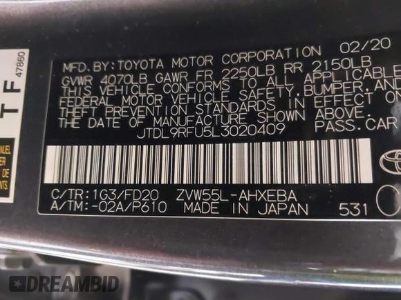 2020 Toyota Prius LE with VIN JTDL9RFU5L3020409, listed as a IAAI auction lot 41171668 with 122,208 mi miles and . Bid and sale history available at DreamBid. Image 9.