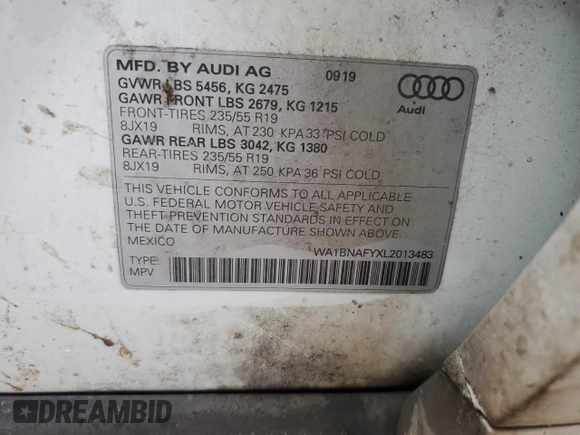 2020 Audi Q5 Premium Plus with VIN WA1BNAFYXL2013483, listed as a Copart auction lot 44373235 with 132,992 mi miles and Salvage Title. Bid and sale history available at carsss.com. Image 13.