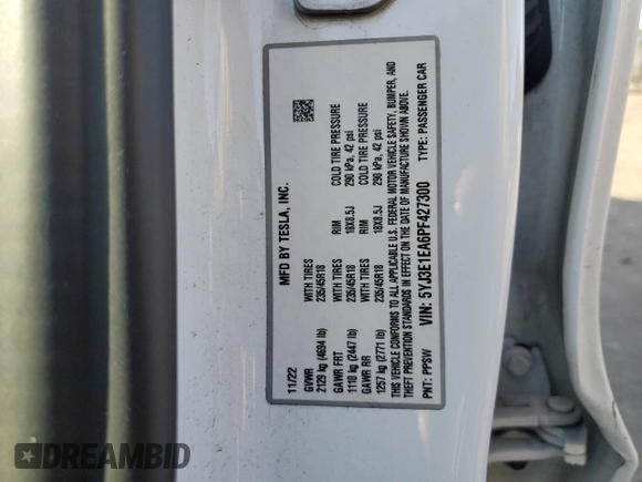 2023 Tesla Model 3 с VIN 5YJ3E1EA6PF427300, выставлен на аукционе Copart как лот 61457055 с пробегом 44 438 миль миль и Списание • Salvage title. История ставок и продаж доступна на DreamBid. Изображение 12.