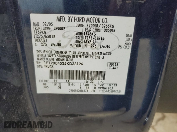 2005 Ford F-150 XLT with VIN 1FTPX04535KD33126, listed as a Copart auction lot 54251155 with 206,414 mi miles and Clean title. Bid and sale history available at DreamBid. Image 12.
