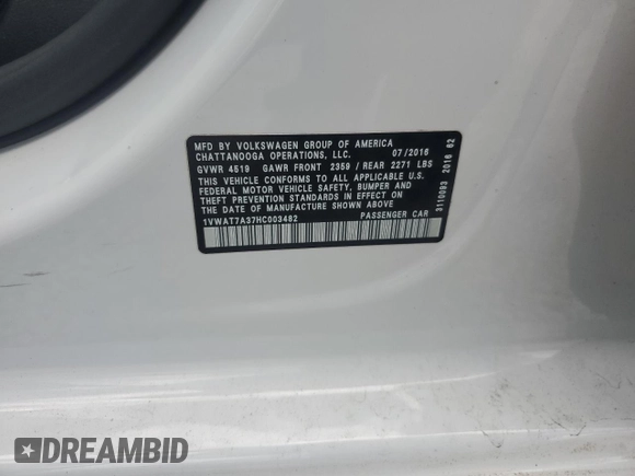 2017 Volkswagen Passat S with VIN 1VWAT7A37HC003482, listed as a Copart auction lot 57311335 with 155,549 mi miles and Salvage title. Bid and sale history available at DreamBid. Image 12.