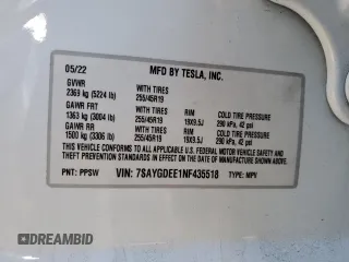 2022 Tesla Model Y Long Range z VIN 7SAYGDEE1NF435518, wystawiony jako Copart lot #48848535 z przebiegiem 41 586 mil mil oraz Szkody całkowita. Historia ofert i sprzedaży dostępna na DreamBid. Obrazek 13.