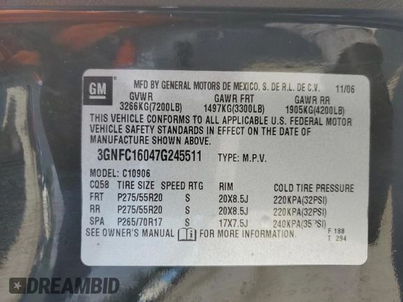 2007 Chevrolet Suburban LTZ z VIN 3GNFC16047G245511, wystawiony jako Copart lot #55288075 z przebiegiem 277 516 mil mil oraz Szkoda całkowita • Salvage title. Historia ofert i sprzedaży dostępna na DreamBid. Obrazek 13.
