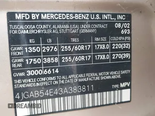 2003 Mercedes-Benz M-Class 3.2L with VIN 4JGAB54E43A383811, listed as a IAAI auction lot 41204136 with 209,327 mi miles. Bid and sale history available at carsss.com. Image 9.