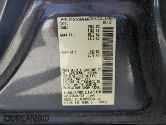 2013 Nissan Altima SL with VIN 1N4BL3AP9DC114568, listed as a Copart auction lot 61052475 with 145,577 mi miles and Salvage title. Bid and sale history available at DreamBid. Image 12.