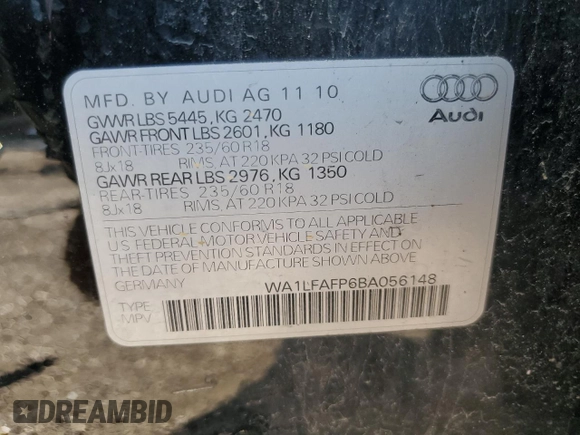 2011 Audi Q5 Premium Plus with VIN WA1LFAFP6BA056148, listed as a Copart auction lot 60557865 with 159,986 mi miles and Clean title. Bid and sale history available at DreamBid. Image 14.